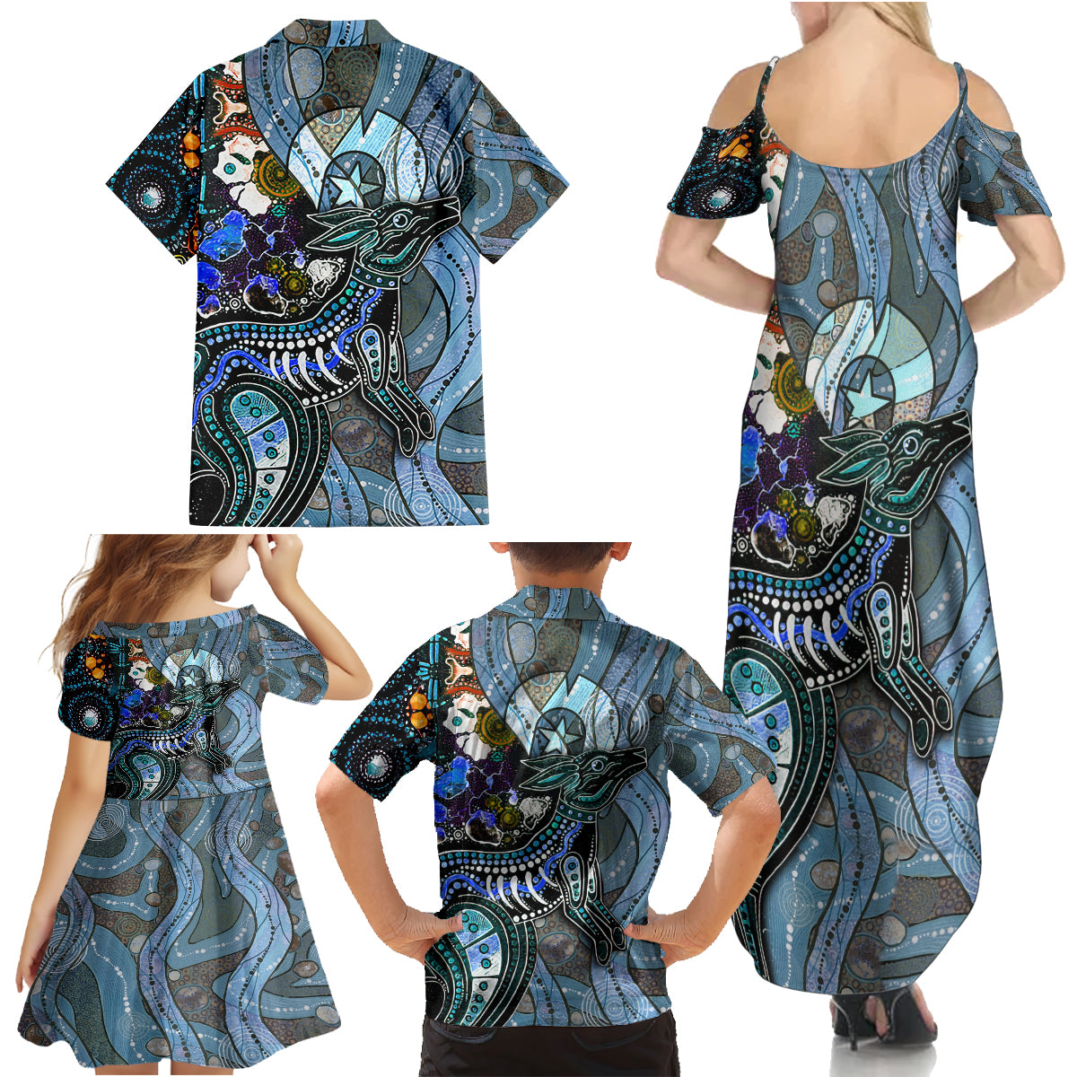 Kangaroo Aboriginal Pattern Dot Art Family Matching Summer Maxi Dress and Hawaiian Shirt - Wonder Print Shop