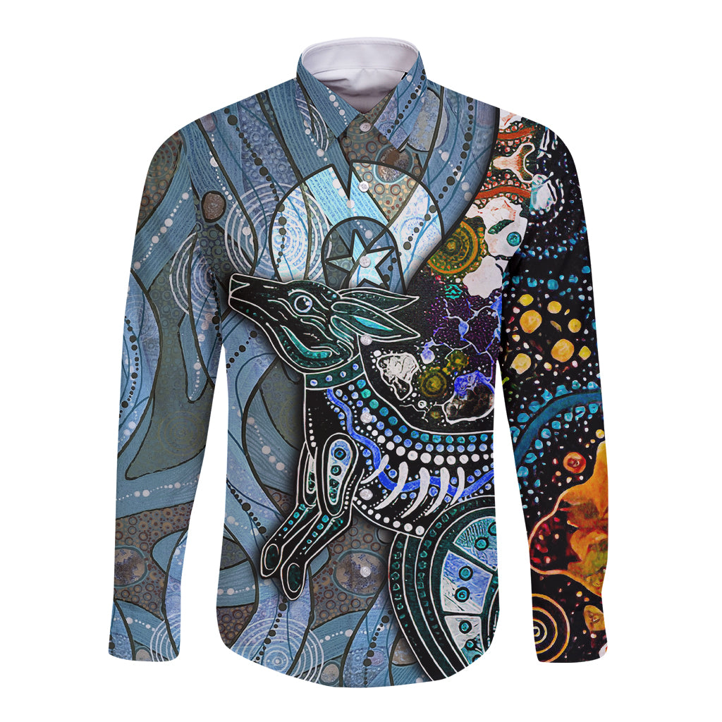 Kangaroo Aboriginal Pattern Dot Art Long Sleeve Button Shirt - Wonder Print Shop