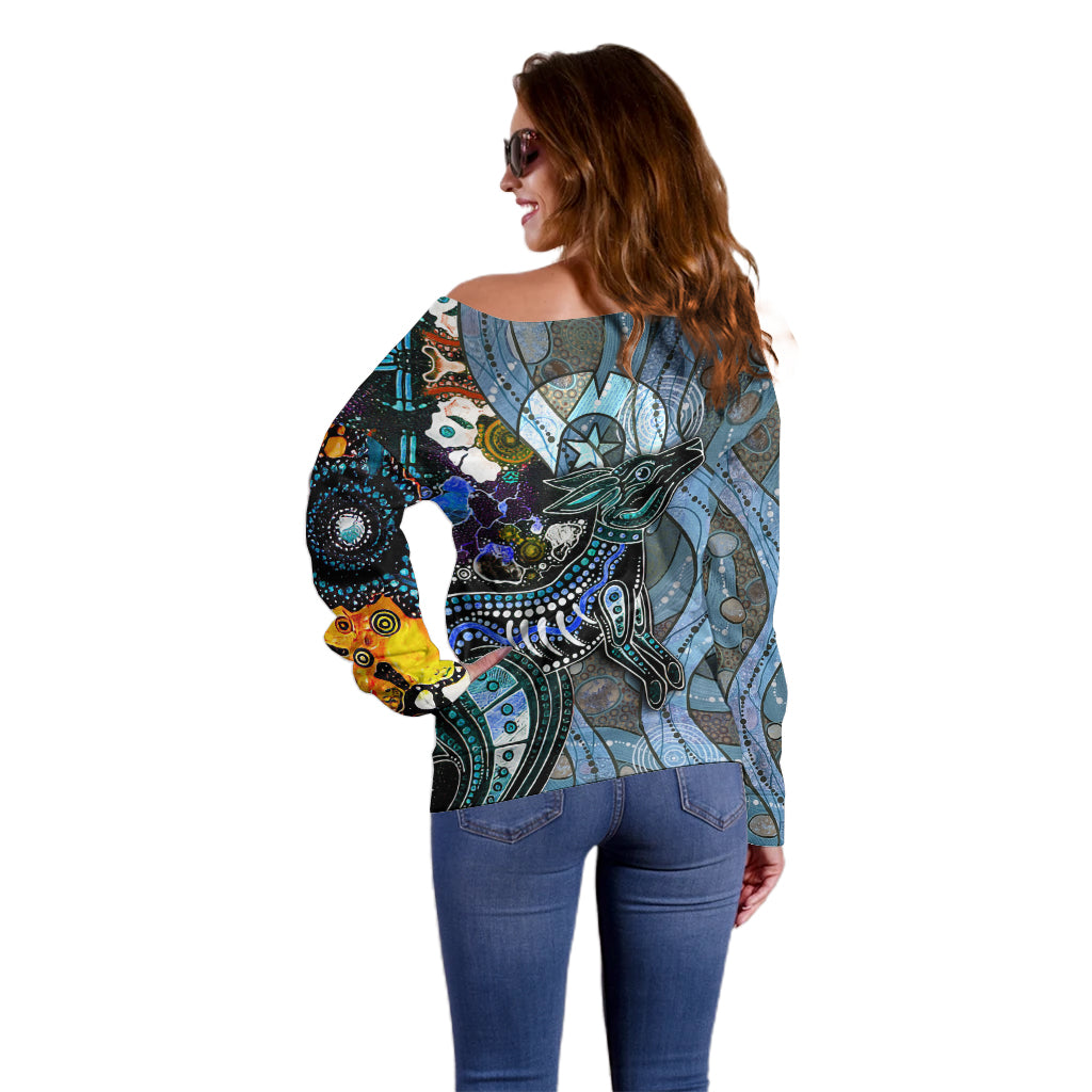 Kangaroo Aboriginal Pattern Dot Art Off Shoulder Sweater - Wonder Print Shop