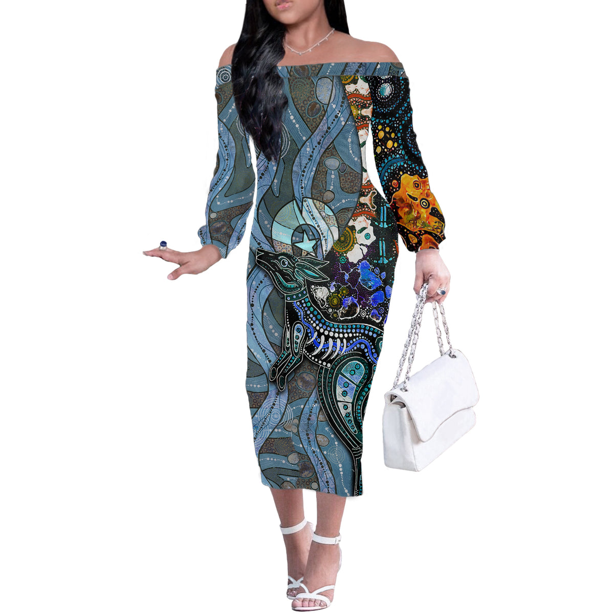 Kangaroo Aboriginal Pattern Dot Art Off The Shoulder Long Sleeve Dress - Wonder Print Shop