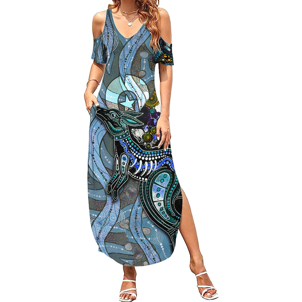 Kangaroo Aboriginal Pattern Dot Art Summer Maxi Dress - Wonder Print Shop