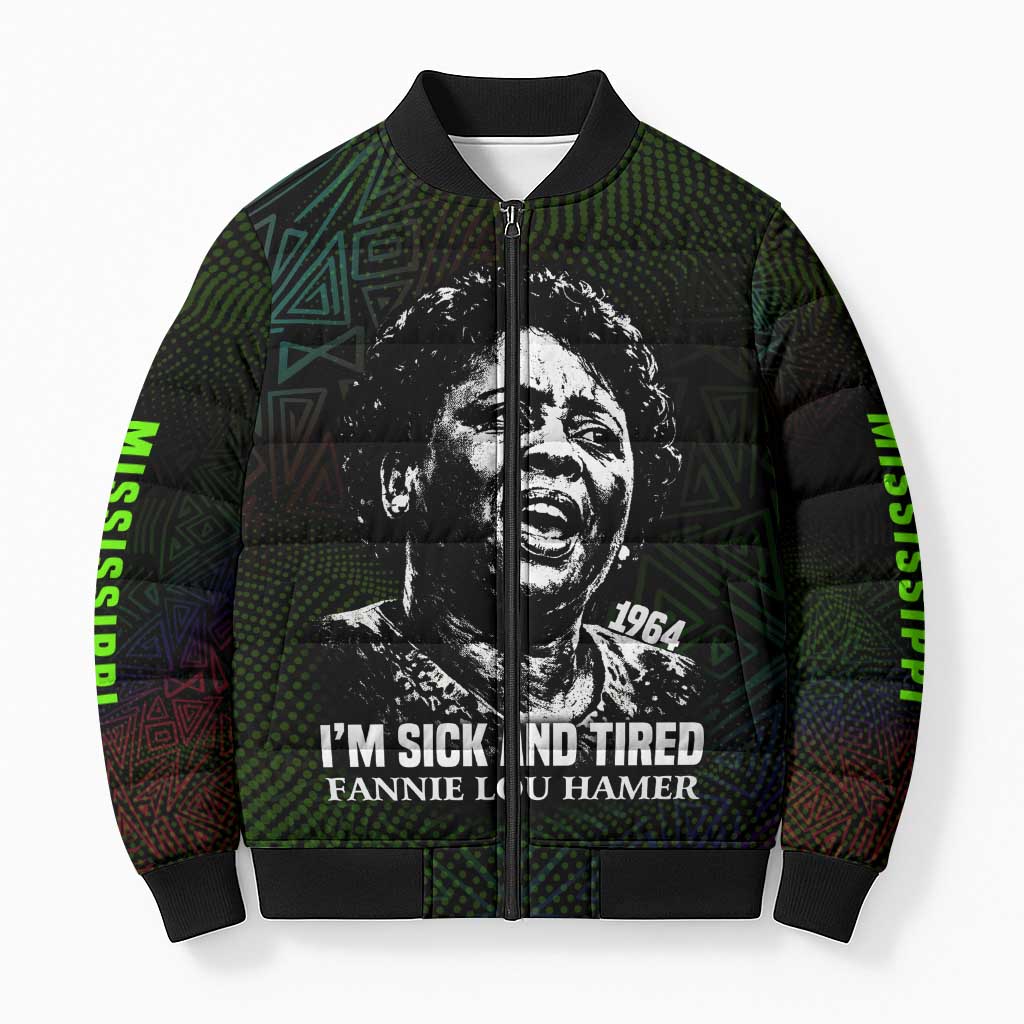 Fannie Lou Hamer Bomber Puffer Jacket Im Sick and Tired Quote Design Bold Portrait and Civil Rights Movement Tribute - Wonder Print Shop