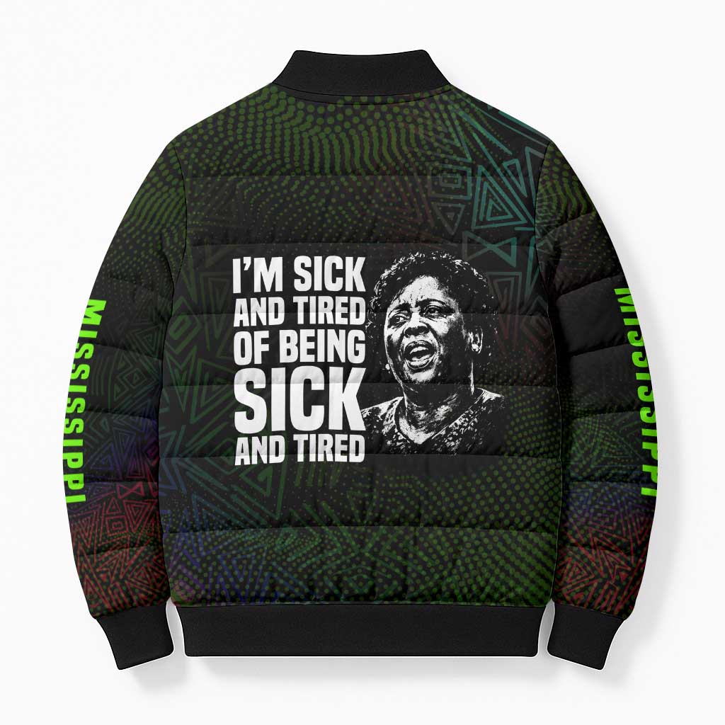 Fannie Lou Hamer Bomber Puffer Jacket Im Sick and Tired Quote Design Bold Portrait and Civil Rights Movement Tribute - Wonder Print Shop