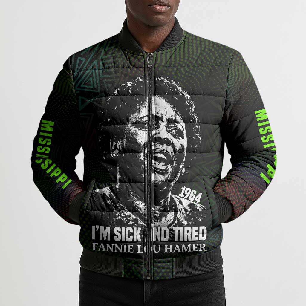 Fannie Lou Hamer Bomber Puffer Jacket Im Sick and Tired Quote Design Bold Portrait and Civil Rights Movement Tribute - Wonder Print Shop