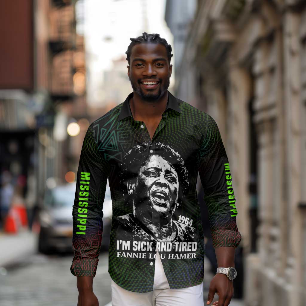 Fannie Lou Hamer Long Sleeve Button Shirt Im Sick and Tired Quote Design Bold Portrait and Civil Rights Movement Tribute - Wonder Print Shop