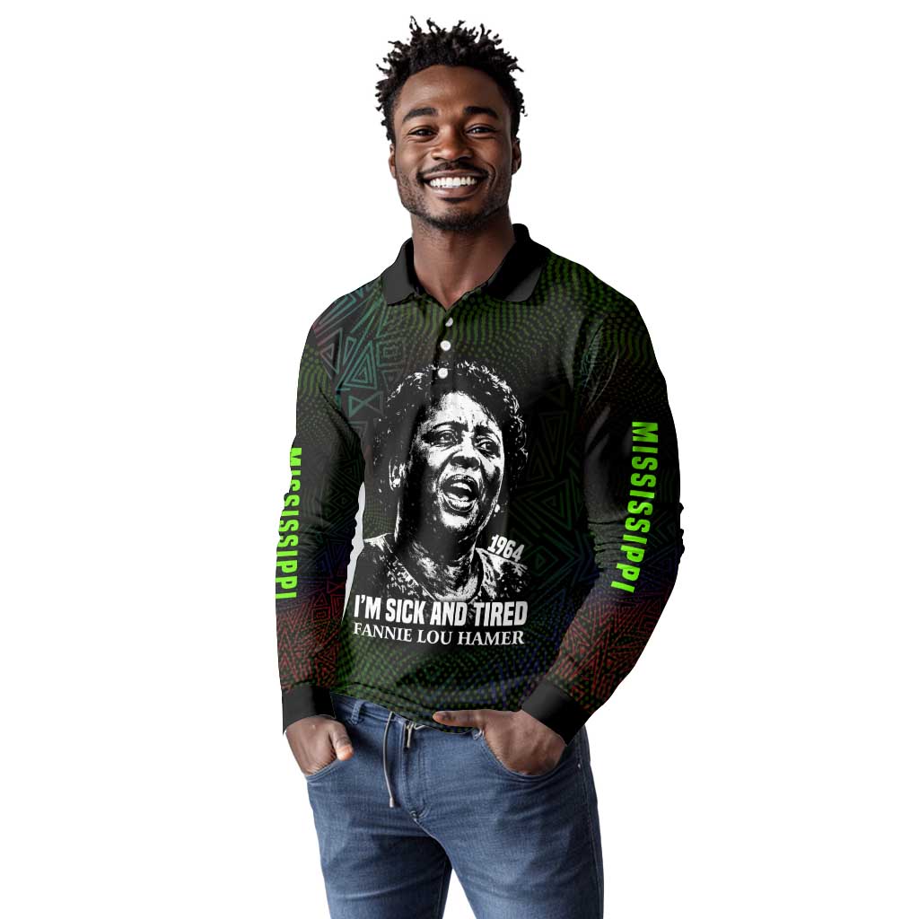 Fannie Lou Hamer Long Sleeve Polo Shirt Im Sick and Tired Quote Design Bold Portrait and Civil Rights Movement Tribute - Wonder Print Shop