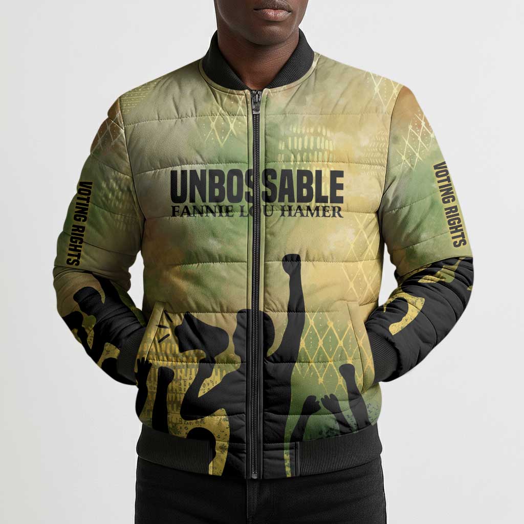 Fannie Lou Hamer Bomber Puffer Jacket Unbossable Quote Design Protest Silhouettes and Voting Rights Tribute - Wonder Print Shop