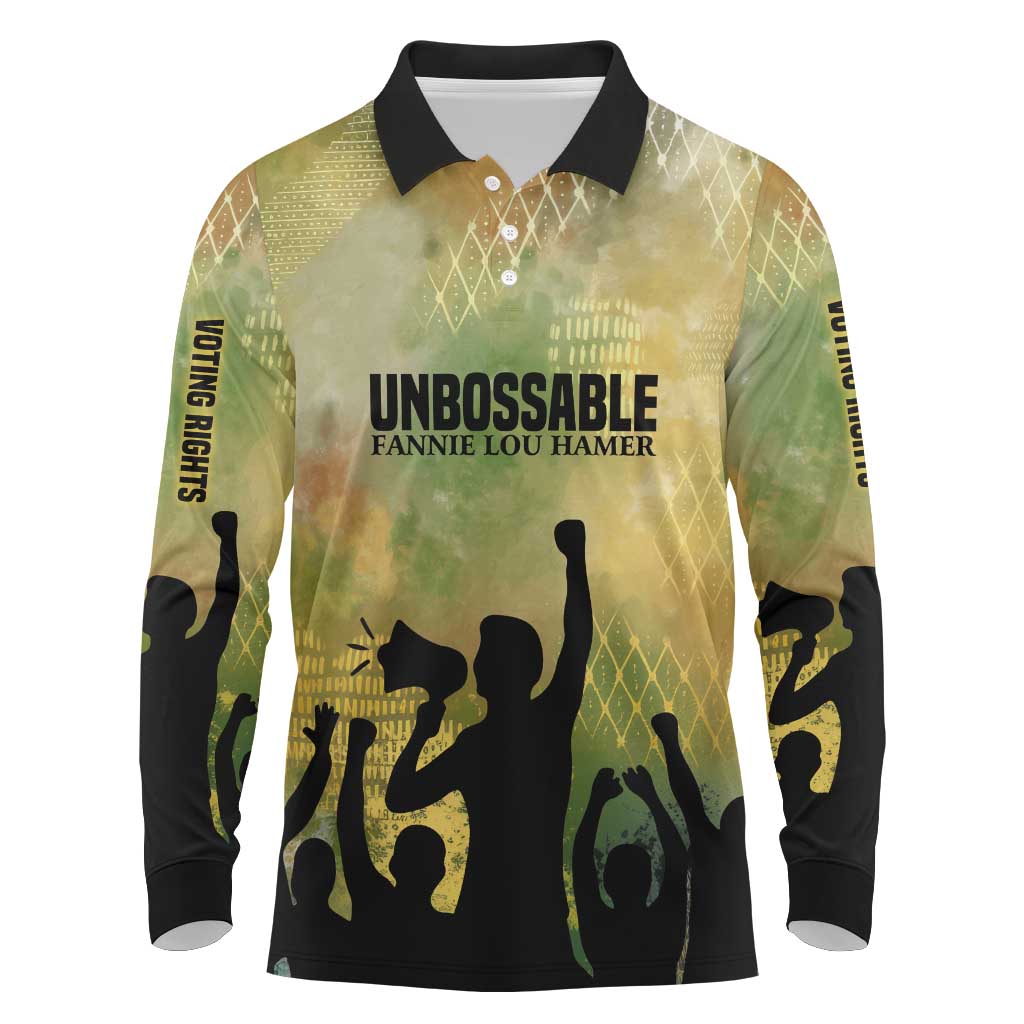 Fannie Lou Hamer Long Sleeve Polo Shirt Unbossable Quote Design Protest Silhouettes and Voting Rights Tribute - Wonder Print Shop