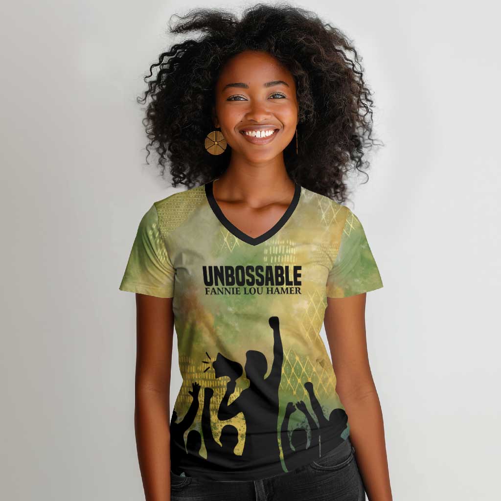 Fannie Lou Hamer Women V-Neck T-Shirt Unbossable Quote Design Protest Silhouettes and Voting Rights Tribute - Wonder Print Shop