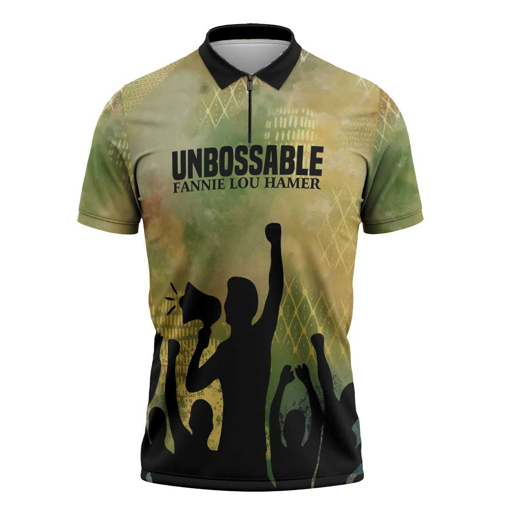 Fannie Lou Hamer Zipper Polo Shirt Unbossable Quote Design Protest Silhouettes and Voting Rights Tribute - Wonder Print Shop