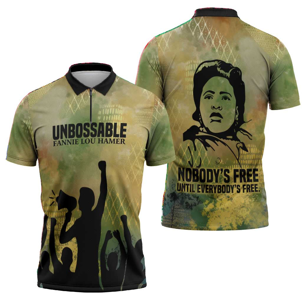 Fannie Lou Hamer Zipper Polo Shirt Unbossable Quote Design Protest Silhouettes and Voting Rights Tribute - Wonder Print Shop