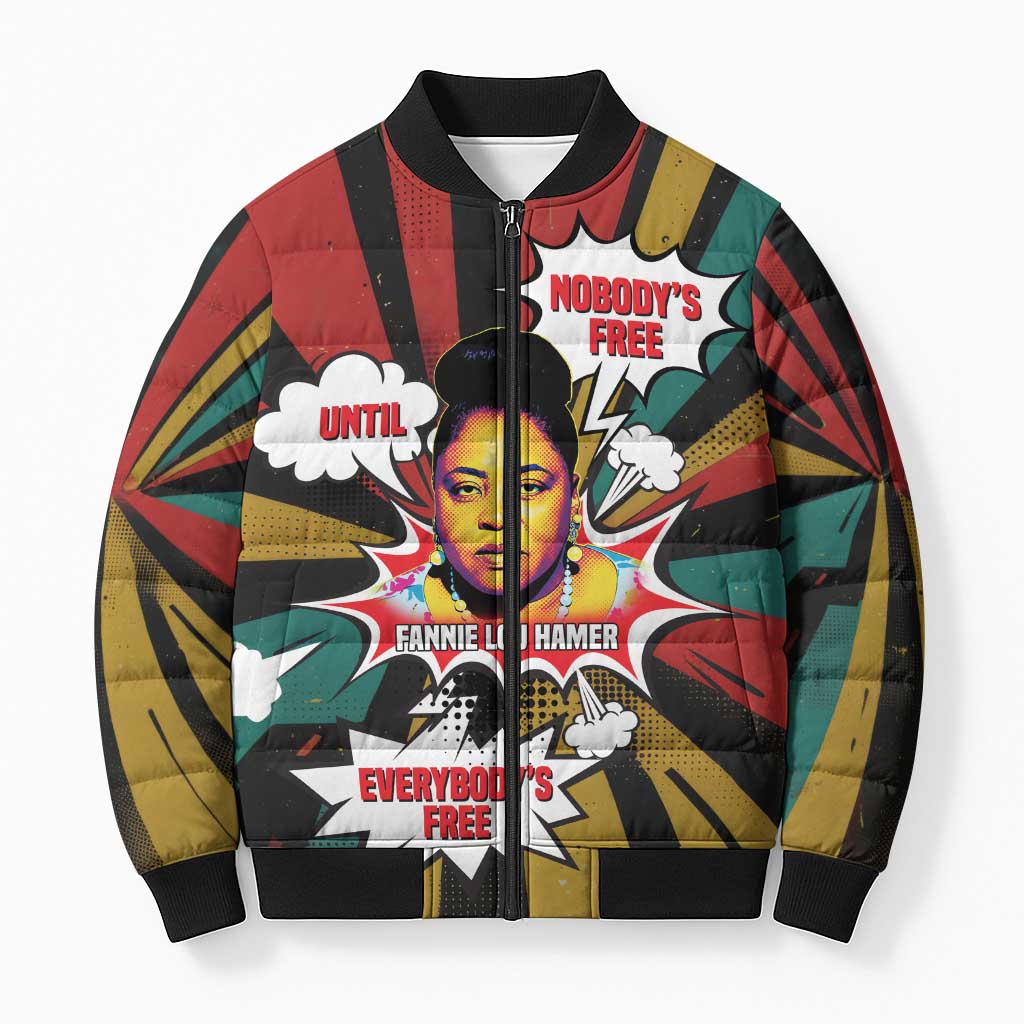 Fannie Lou Hamer Bomber Puffer Jacket with Pop Art Comic Style Design Bold Quote and Civil Rights Tribute - Wonder Print Shop