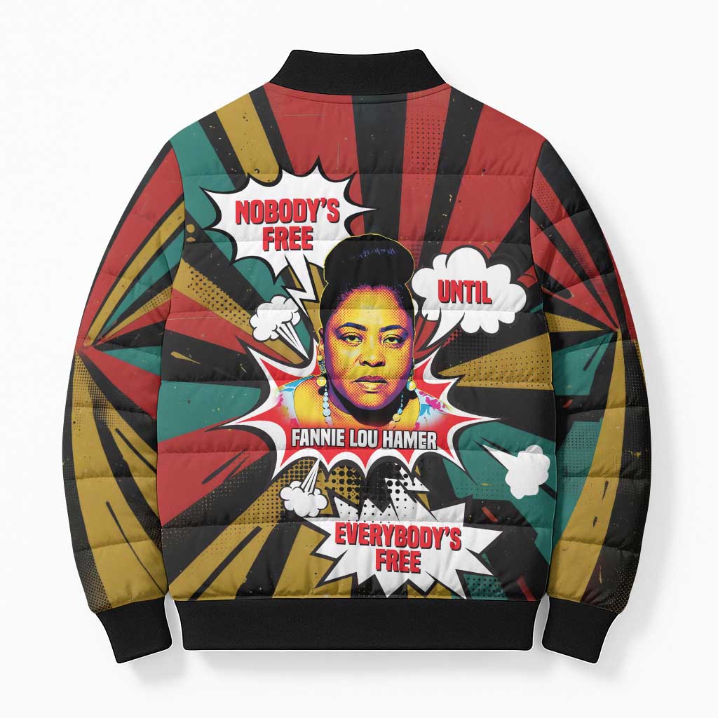 Fannie Lou Hamer Bomber Puffer Jacket with Pop Art Comic Style Design Bold Quote and Civil Rights Tribute - Wonder Print Shop
