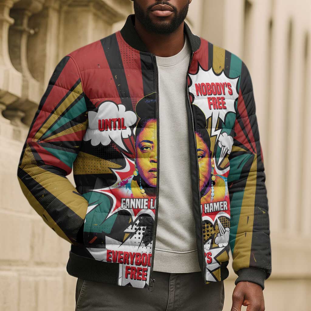 Fannie Lou Hamer Bomber Puffer Jacket with Pop Art Comic Style Design Bold Quote and Civil Rights Tribute - Wonder Print Shop