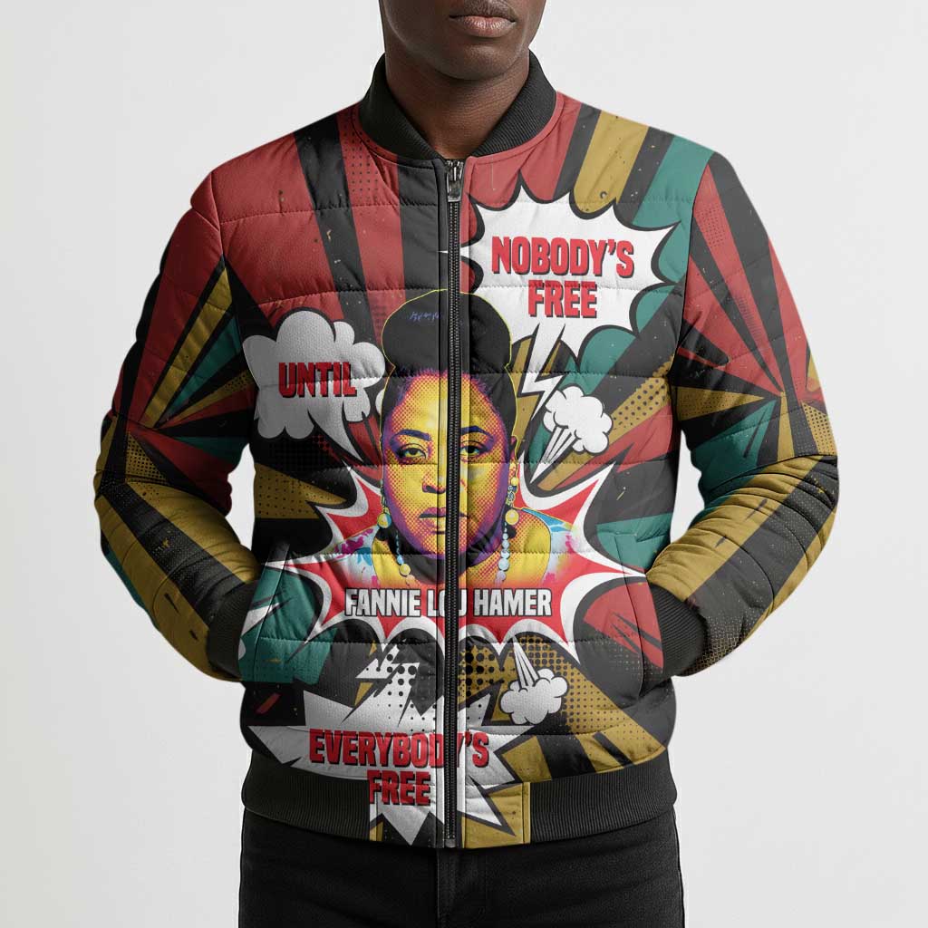 Fannie Lou Hamer Bomber Puffer Jacket with Pop Art Comic Style Design Bold Quote and Civil Rights Tribute - Wonder Print Shop