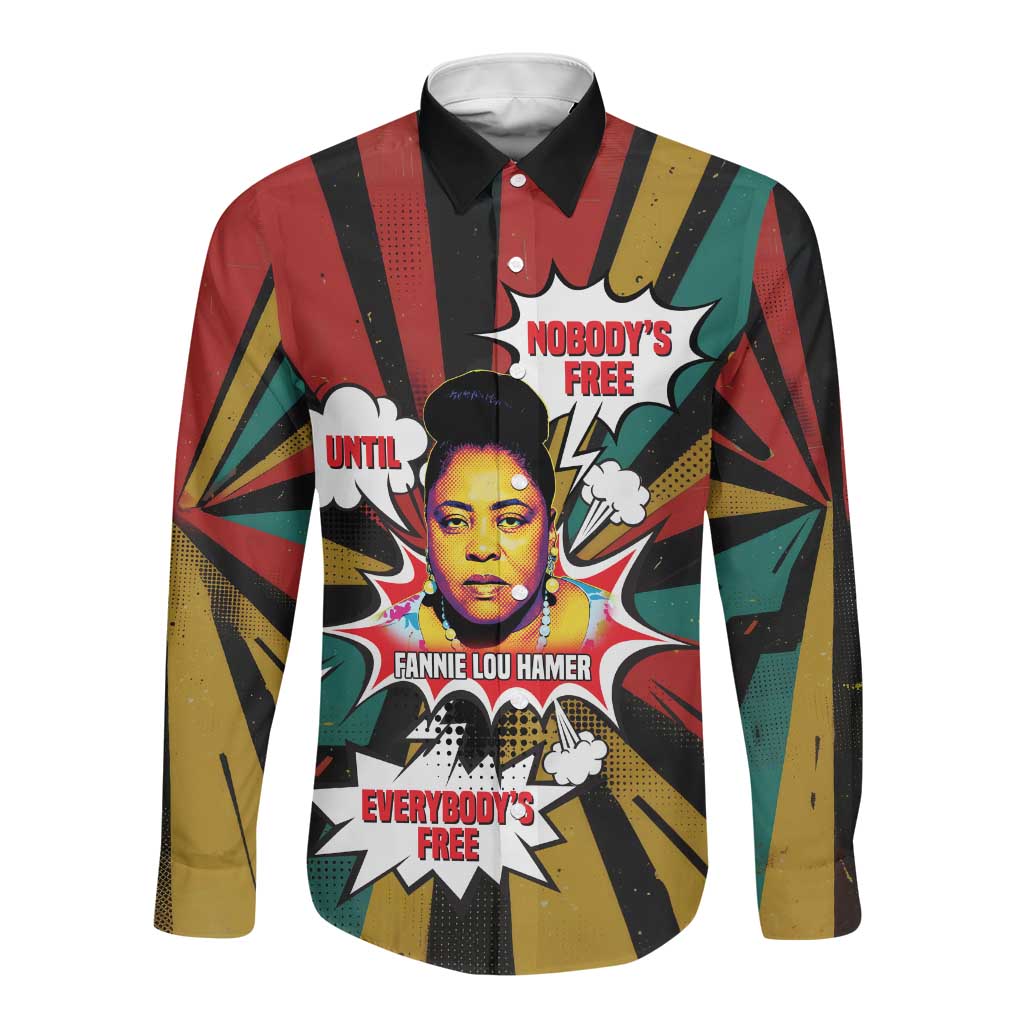 Fannie Lou Hamer Long Sleeve Button Shirt with Pop Art Comic Style Design Bold Quote and Civil Rights Tribute - Wonder Print Shop