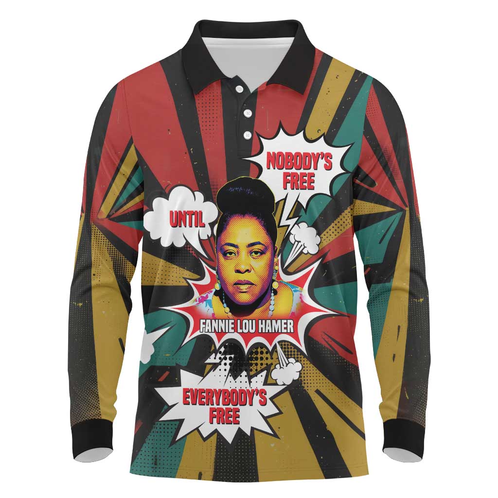 Fannie Lou Hamer Long Sleeve Polo Shirt with Pop Art Comic Style Design Bold Quote and Civil Rights Tribute - Wonder Print Shop