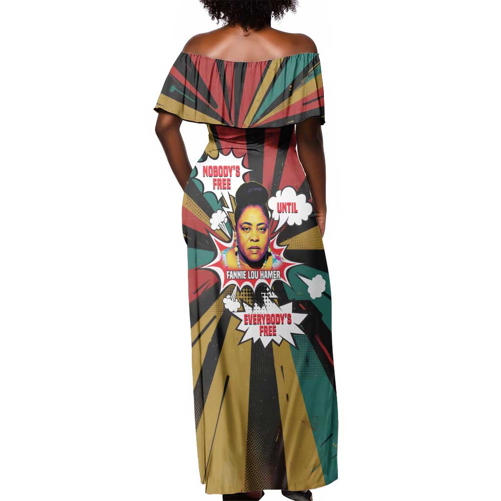 Fannie Lou Hamer Off Shoulder Maxi Dress with Pop Art Comic Style Design Bold Quote and Civil Rights Tribute - Wonder Print Shop