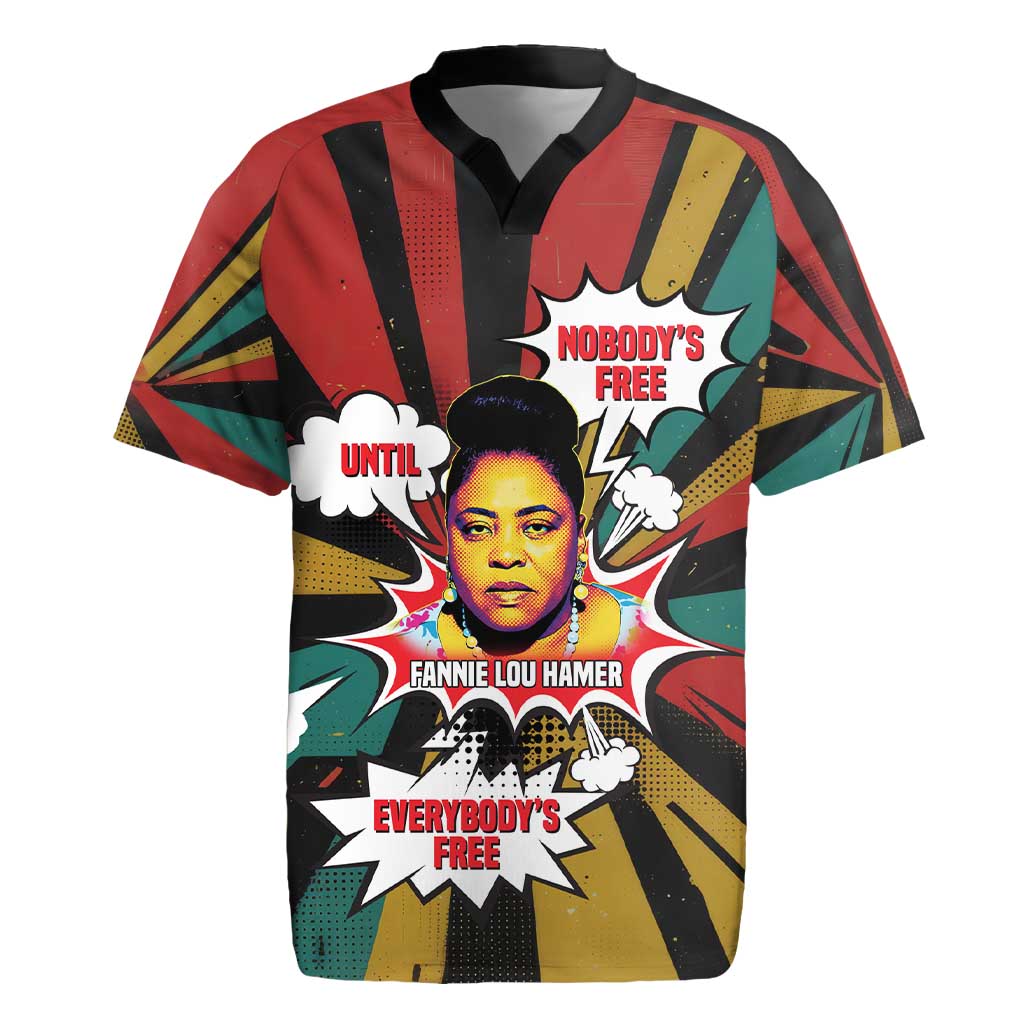 Fannie Lou Hamer Rugby Jersey with Pop Art Comic Style Design Bold Quote and Civil Rights Tribute - Wonder Print Shop