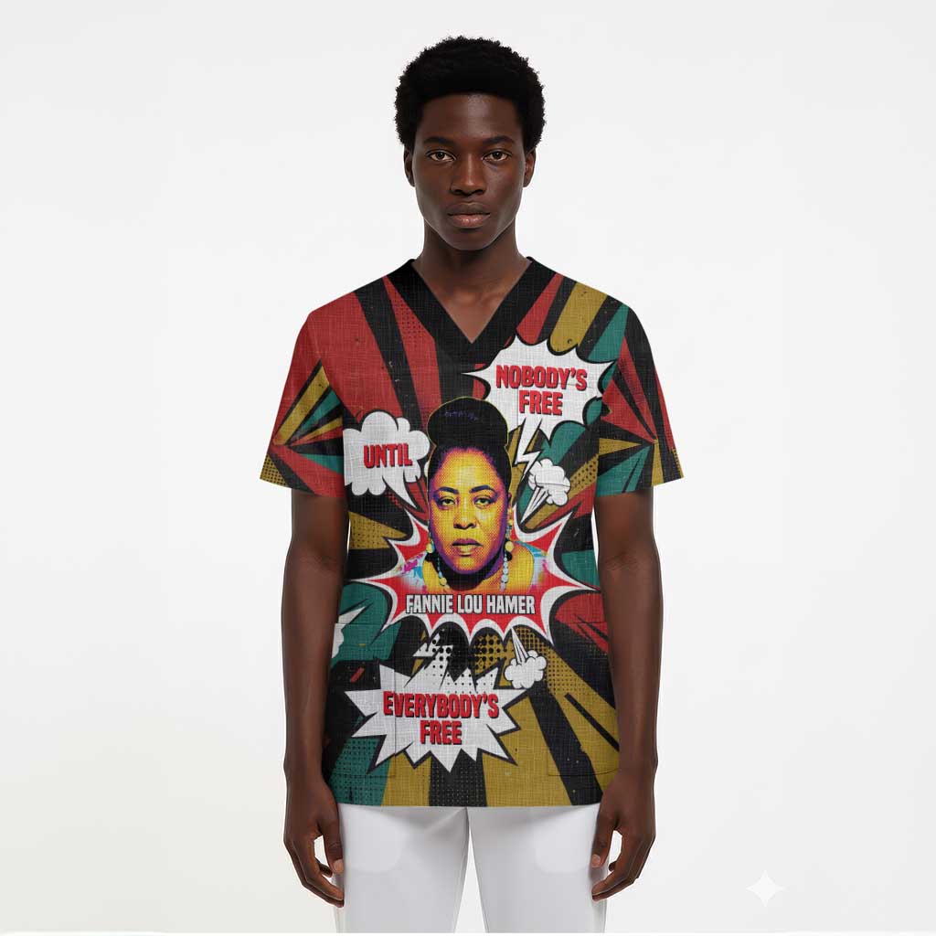 Fannie Lou Hamer Scrub Top with Pop Art Comic Style Design Bold Quote and Civil Rights Tribute - Wonder Print Shop