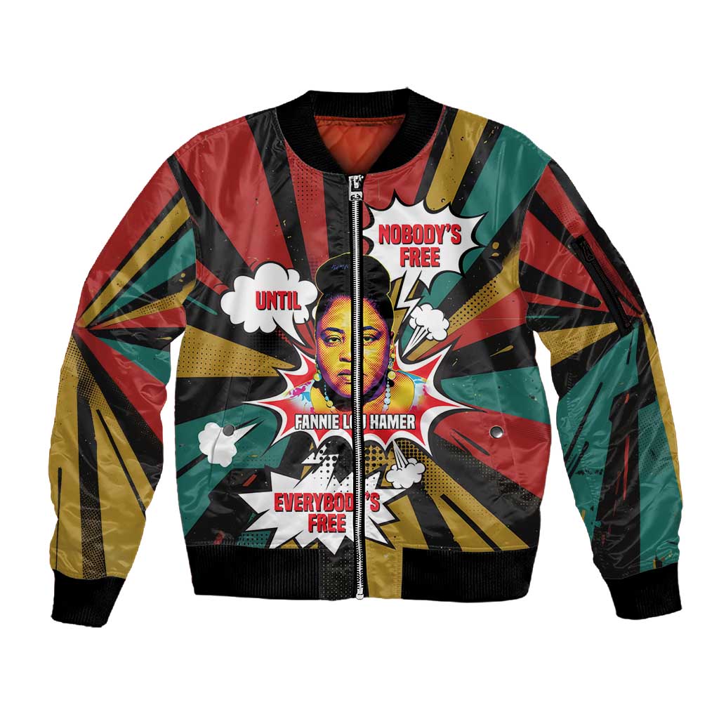Fannie Lou Hamer Sleeve Zip Bomber Jacket with Pop Art Comic Style Design Bold Quote and Civil Rights Tribute - Wonder Print Shop