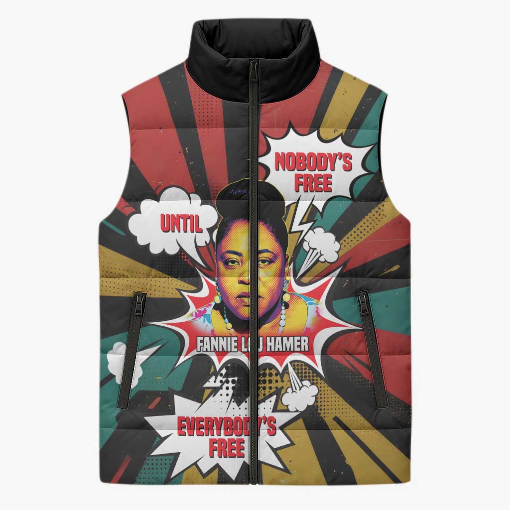 Fannie Lou Hamer Sleeveless Puffer Jacket with Pop Art Comic Style Design Bold Quote and Civil Rights Tribute - Wonder Print Shop