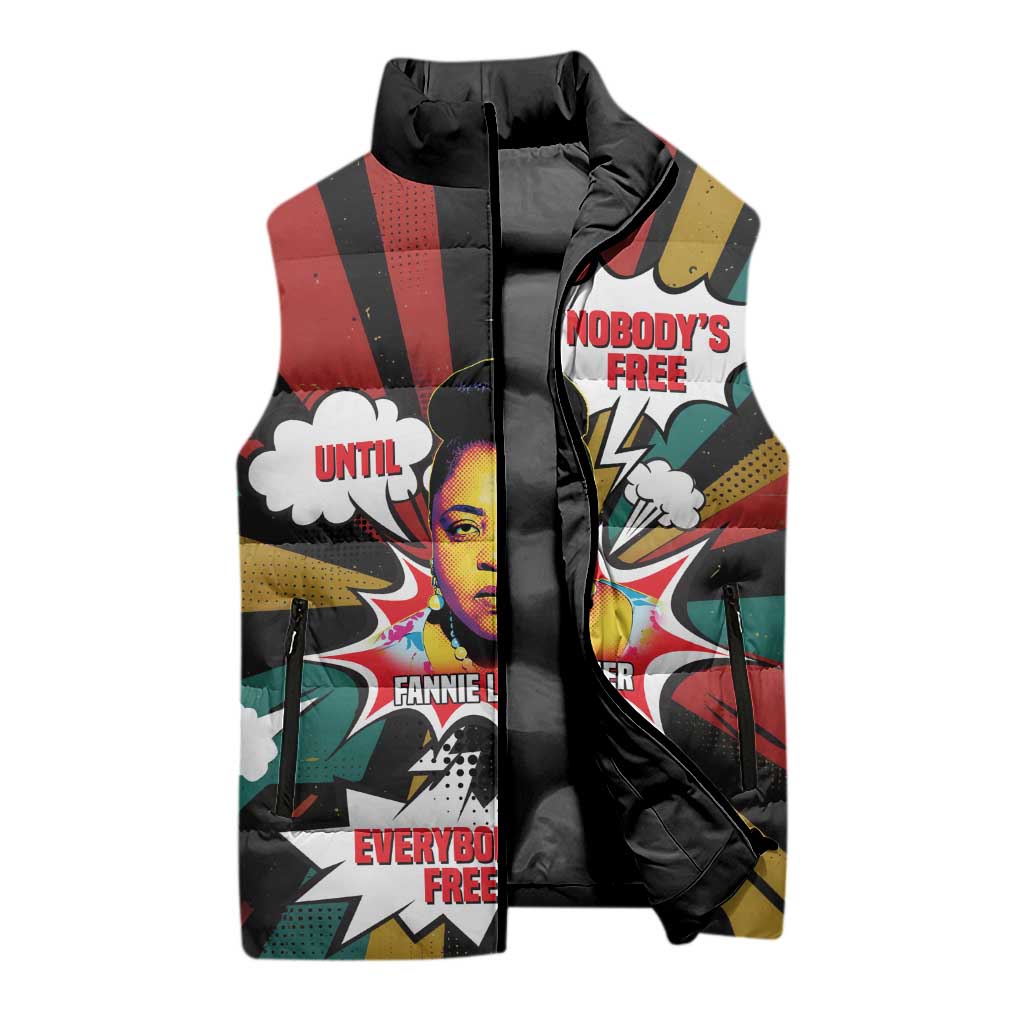 Fannie Lou Hamer Sleeveless Puffer Jacket with Pop Art Comic Style Design Bold Quote and Civil Rights Tribute - Wonder Print Shop