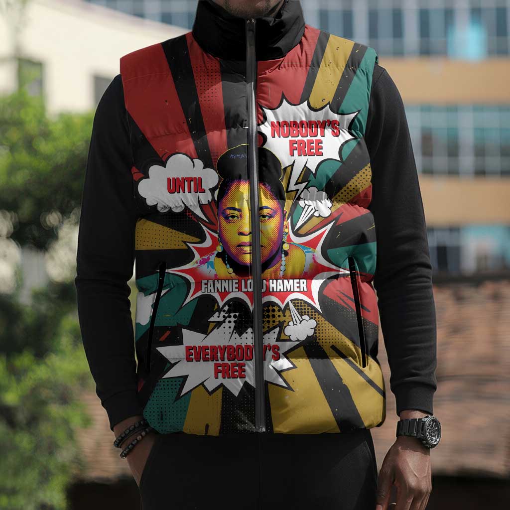 Fannie Lou Hamer Sleeveless Puffer Jacket with Pop Art Comic Style Design Bold Quote and Civil Rights Tribute - Wonder Print Shop