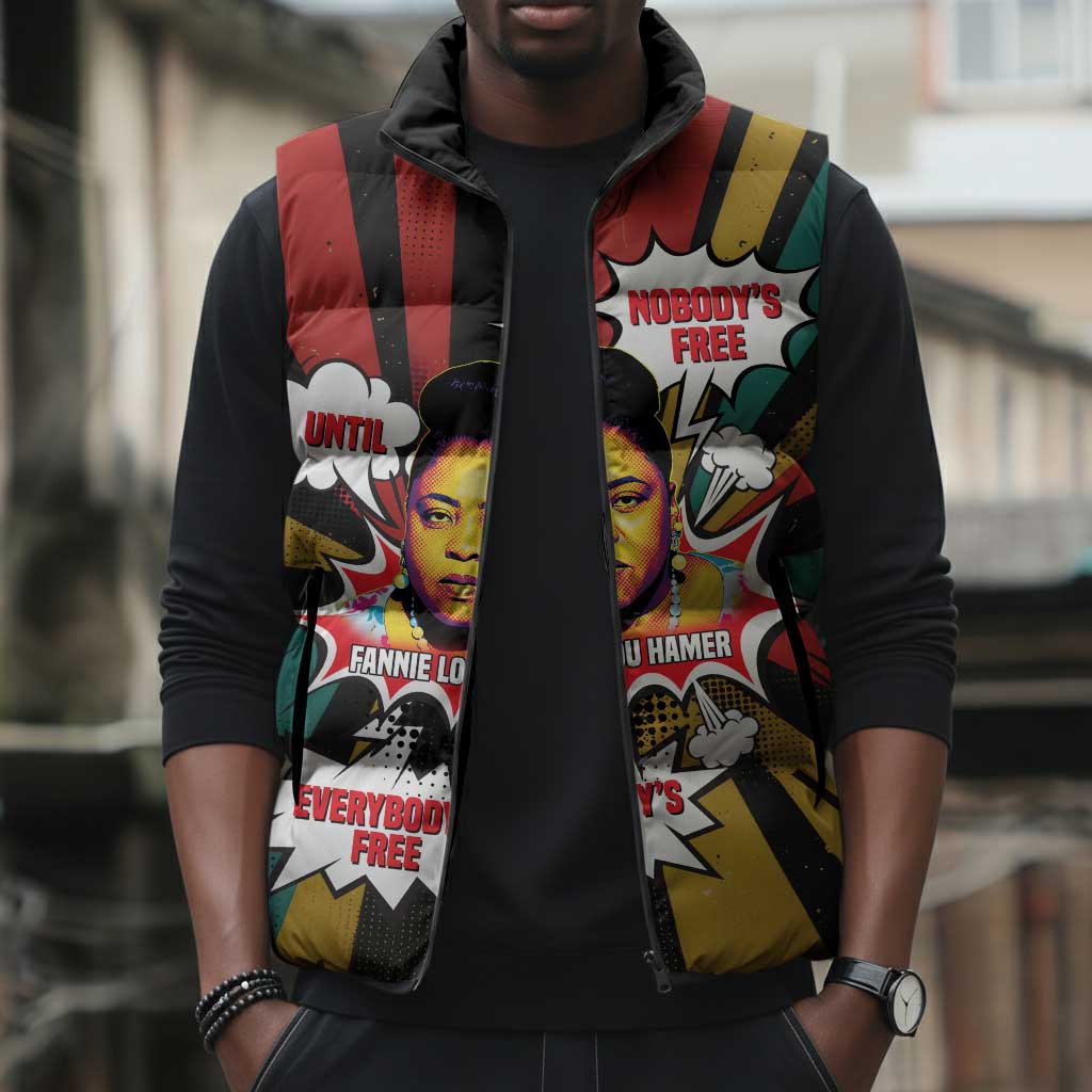 Fannie Lou Hamer Sleeveless Puffer Jacket with Pop Art Comic Style Design Bold Quote and Civil Rights Tribute - Wonder Print Shop