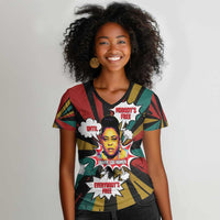 Fannie Lou Hamer Women V-Neck T-Shirt with Pop Art Comic Style Design Bold Quote and Civil Rights Tribute - Wonder Print Shop
