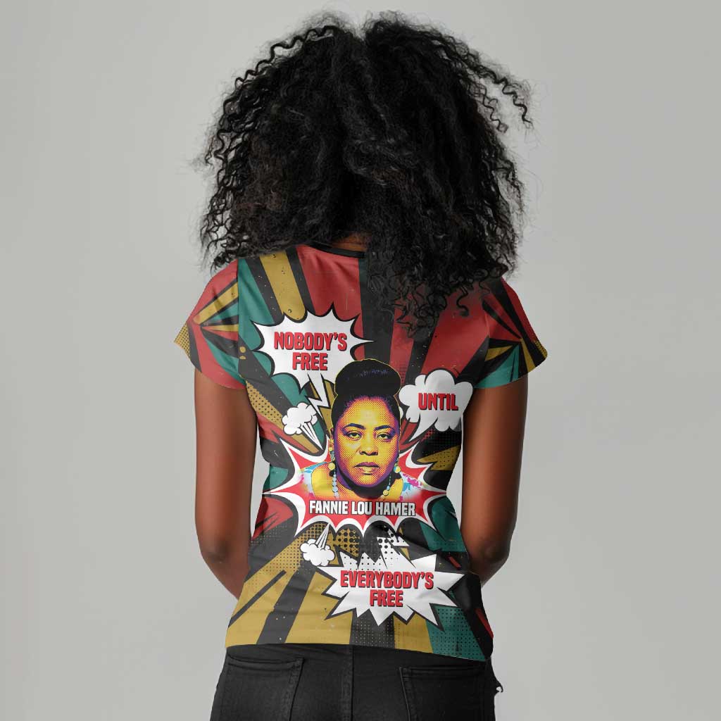 Fannie Lou Hamer Women V-Neck T-Shirt with Pop Art Comic Style Design Bold Quote and Civil Rights Tribute - Wonder Print Shop