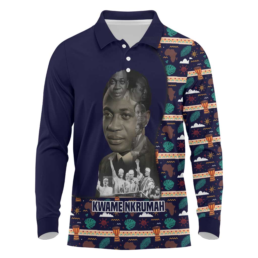 Kwame Nkrumah Long Sleeve Polo Shirt Ghana Pan-African Print Design Portrait and Anti-Colonial Legacy Tribute - Wonder Print Shop