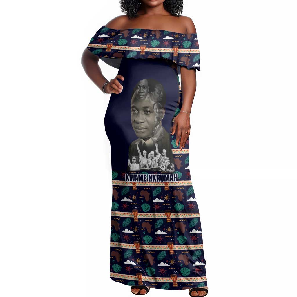 Kwame Nkrumah Off Shoulder Maxi Dress Ghana Pan-African Print Design Portrait and Anti-Colonial Legacy Tribute - Wonder Print Shop