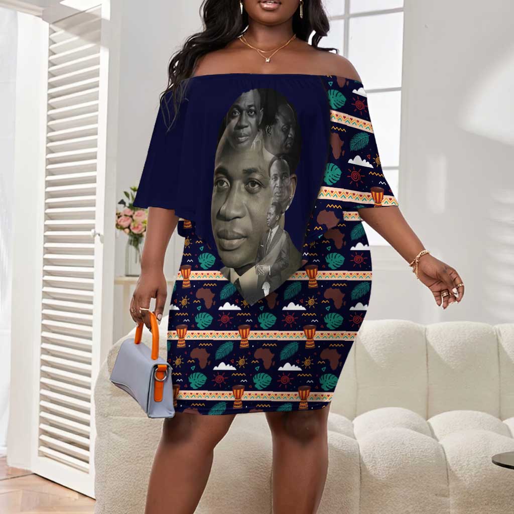 Kwame Nkrumah Off Shoulder Short Dress Ghana Pan-African Print Design Portrait and Anti-Colonial Legacy Tribute - Wonder Print Shop