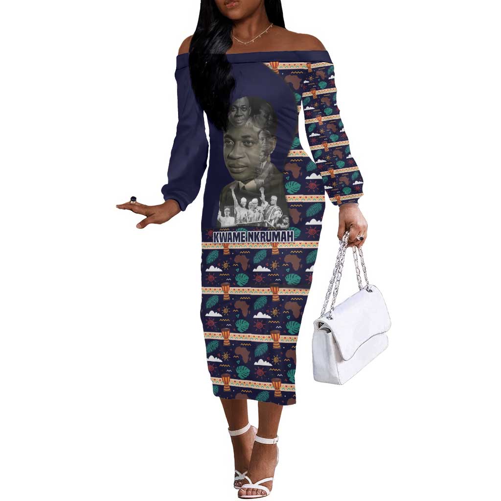 Kwame Nkrumah Off The Shoulder Long Sleeve Dress Ghana Pan-African Print Design Portrait and Anti-Colonial Legacy Tribute - Wonder Print Shop