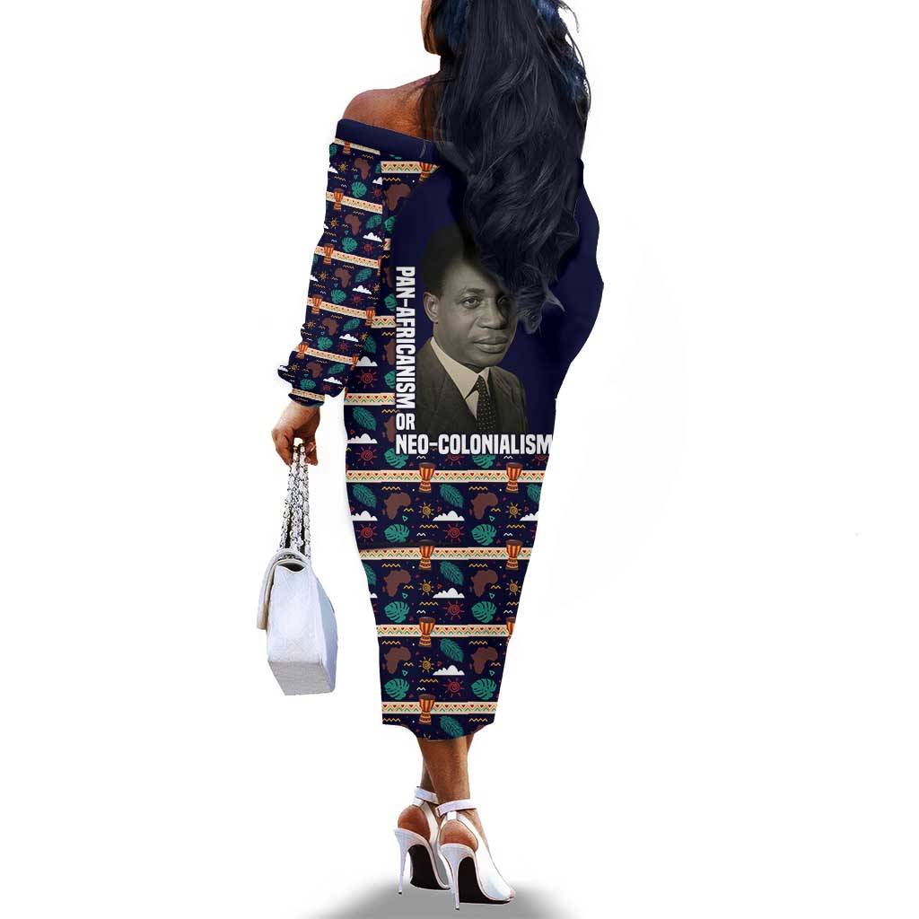 Kwame Nkrumah Off The Shoulder Long Sleeve Dress Ghana Pan-African Print Design Portrait and Anti-Colonial Legacy Tribute - Wonder Print Shop