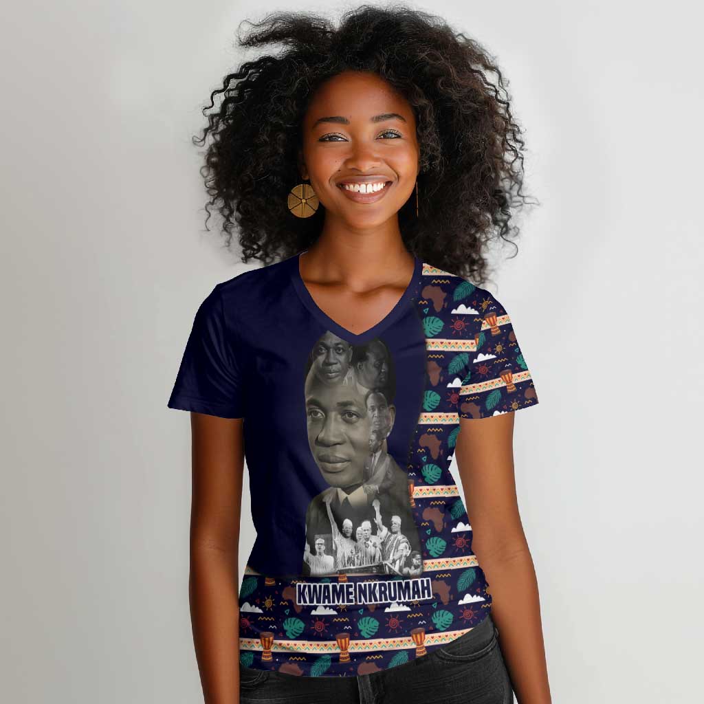 Kwame Nkrumah Women V-Neck T-Shirt Ghana Pan-African Print Design Portrait and Anti-Colonial Legacy Tribute - Wonder Print Shop