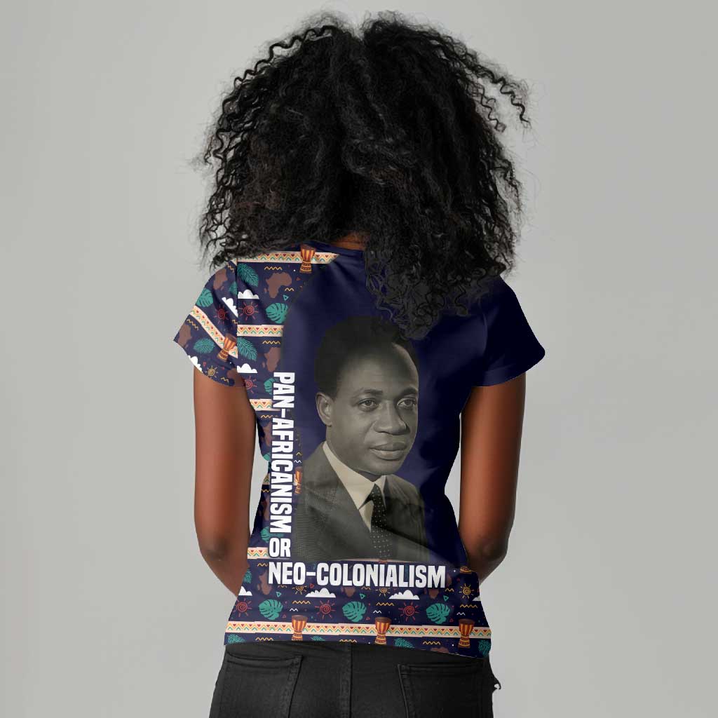 Kwame Nkrumah Women V-Neck T-Shirt Ghana Pan-African Print Design Portrait and Anti-Colonial Legacy Tribute - Wonder Print Shop
