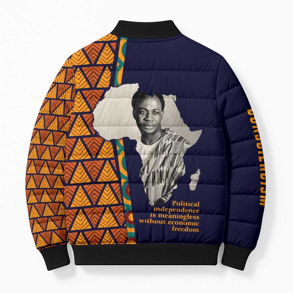 Kwame Nkrumah Ghana Bomber Puffer Jacket African Map Pattern Design and Economic Freedom Quote Tribute - Wonder Print Shop