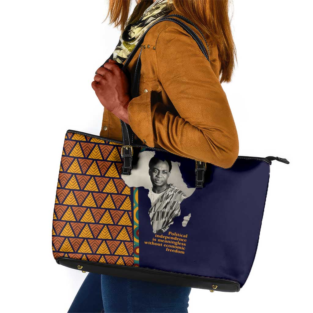 Kwame Nkrumah Ghana Leather Tote Bag African Map Pattern Design and Economic Freedom Quote Tribute - Wonder Print Shop