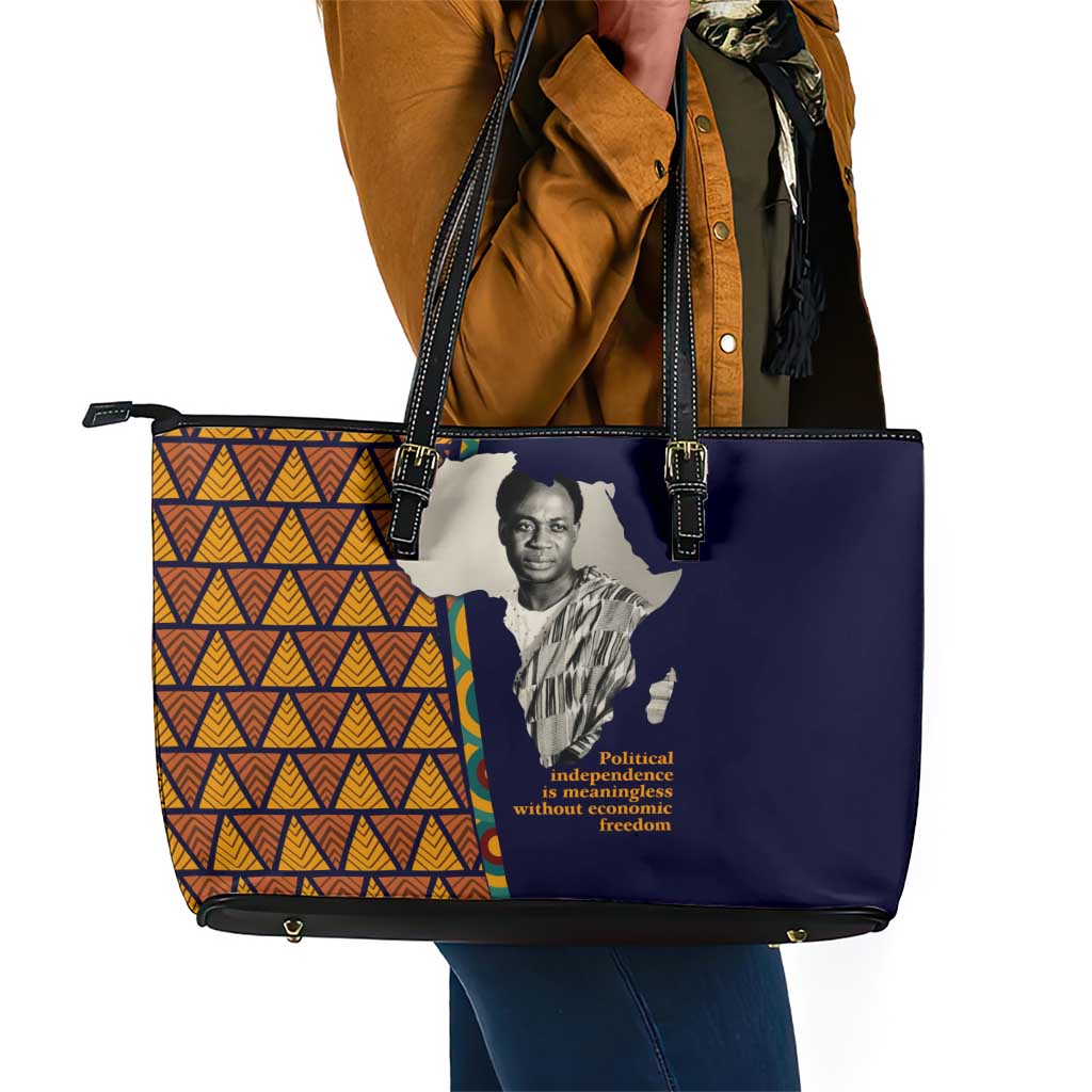 Kwame Nkrumah Ghana Leather Tote Bag African Map Pattern Design and Economic Freedom Quote Tribute - Wonder Print Shop