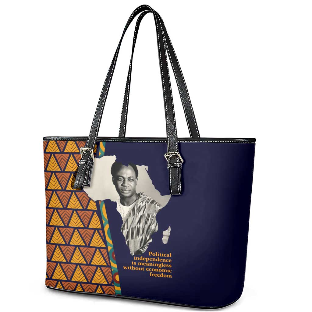 Kwame Nkrumah Ghana Leather Tote Bag African Map Pattern Design and Economic Freedom Quote Tribute - Wonder Print Shop