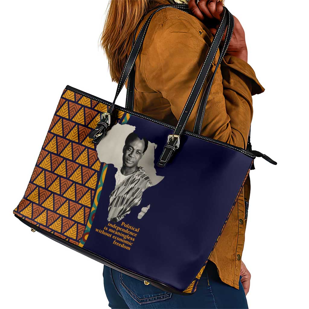 Kwame Nkrumah Ghana Leather Tote Bag African Map Pattern Design and Economic Freedom Quote Tribute - Wonder Print Shop