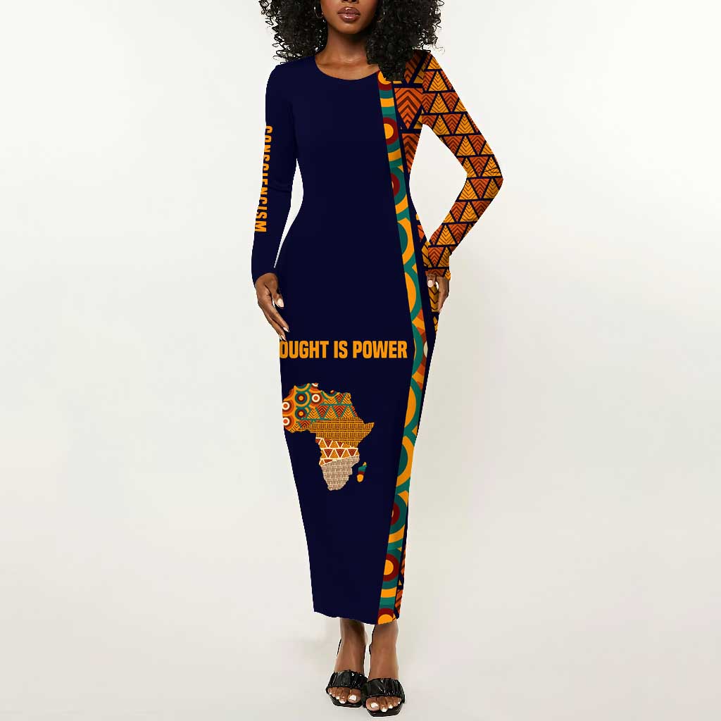 Kwame Nkrumah Ghana Long Sleeve Bodycon Dress African Map Pattern Design and Economic Freedom Quote Tribute - Wonder Print Shop