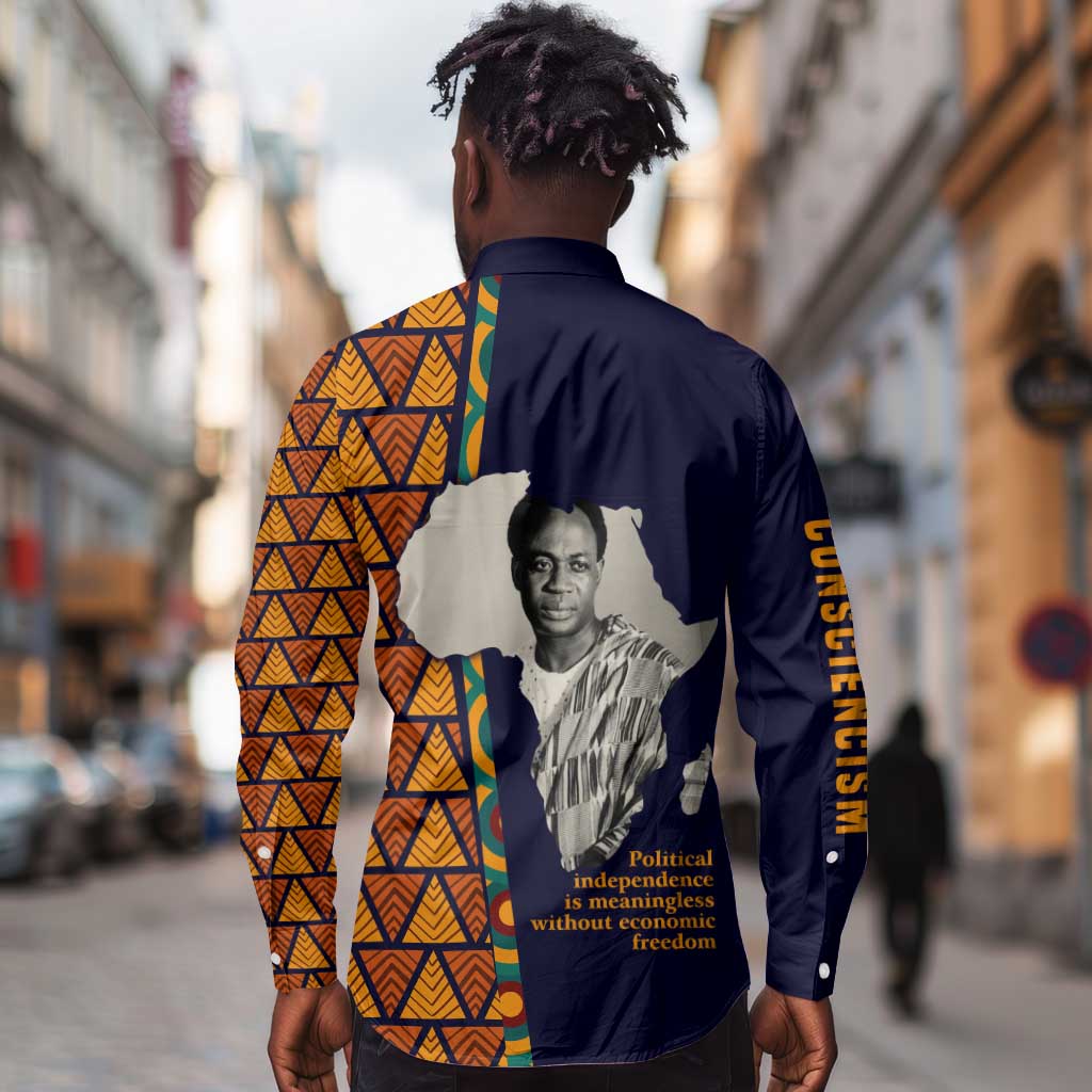Kwame Nkrumah Ghana Long Sleeve Button Shirt African Map Pattern Design and Economic Freedom Quote Tribute - Wonder Print Shop
