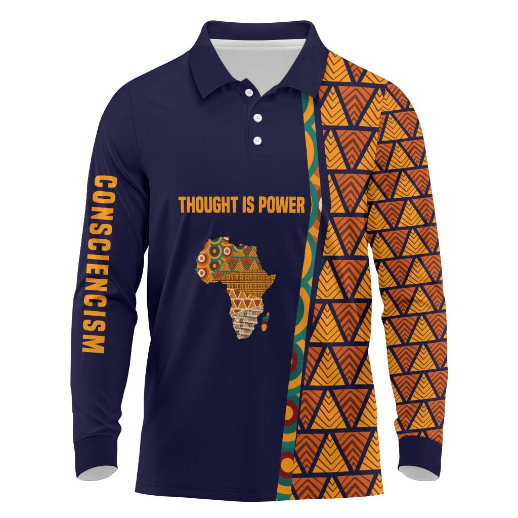 Kwame Nkrumah Ghana Long Sleeve Polo Shirt African Map Pattern Design and Economic Freedom Quote Tribute - Wonder Print Shop