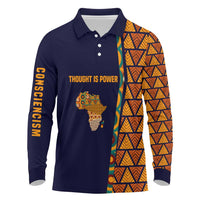 Kwame Nkrumah Ghana Long Sleeve Polo Shirt African Map Pattern Design and Economic Freedom Quote Tribute - Wonder Print Shop