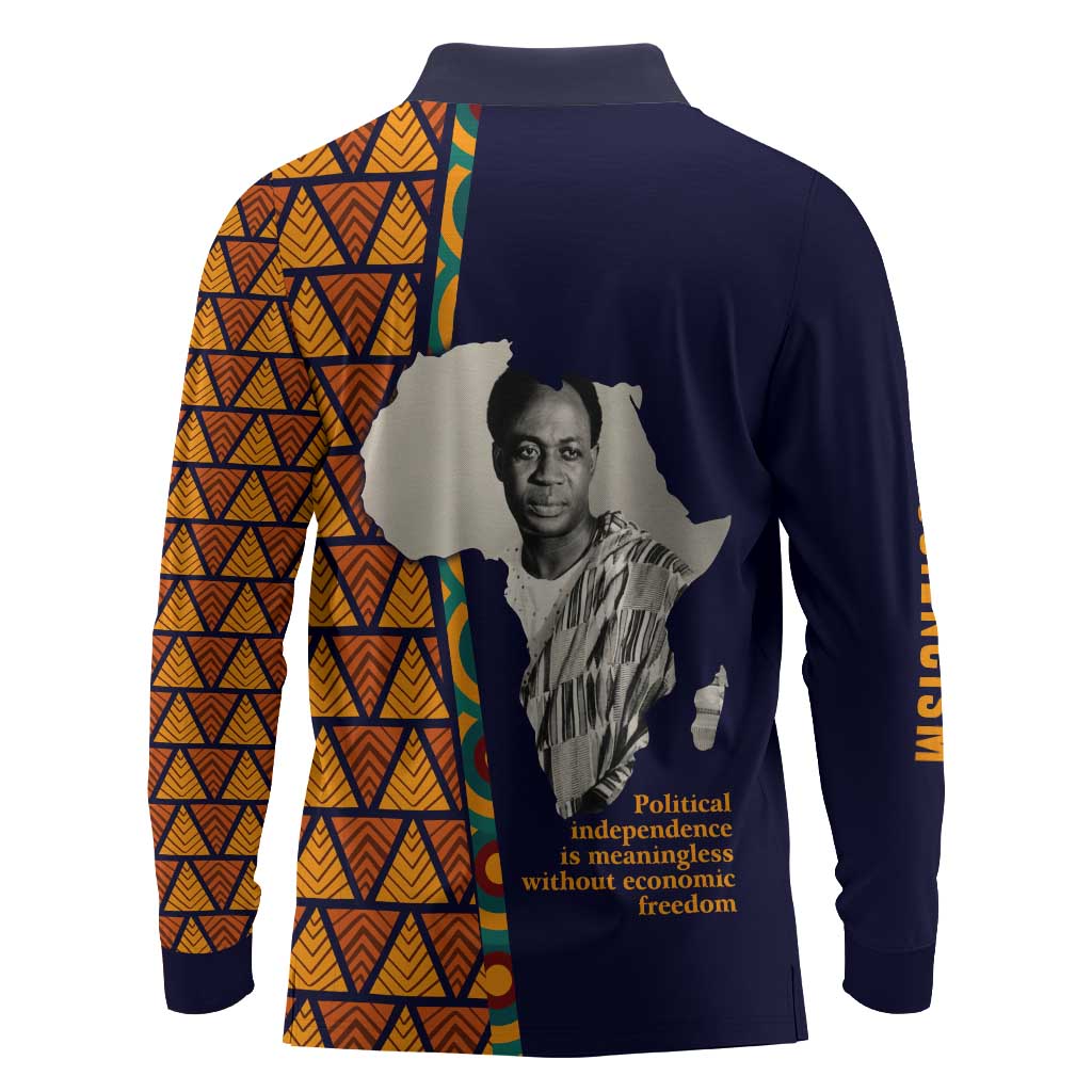 Kwame Nkrumah Ghana Long Sleeve Polo Shirt African Map Pattern Design and Economic Freedom Quote Tribute - Wonder Print Shop
