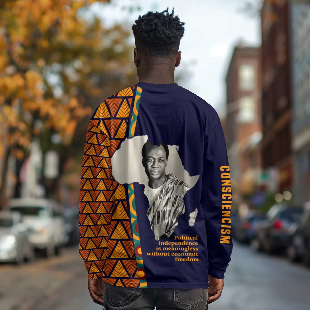 Kwame Nkrumah Ghana Long Sleeve Shirt African Map Pattern Design and Economic Freedom Quote Tribute - Wonder Print Shop