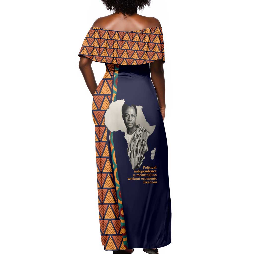 Kwame Nkrumah Ghana Off Shoulder Maxi Dress African Map Pattern Design and Economic Freedom Quote Tribute - Wonder Print Shop